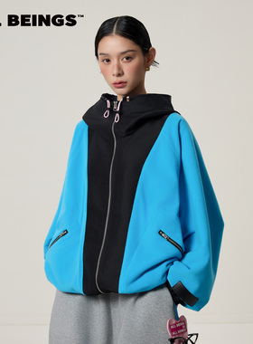 ALL BEINGS26SS新款湖蓝色保暖抓绒廓形拉链连帽立领外套上衣女