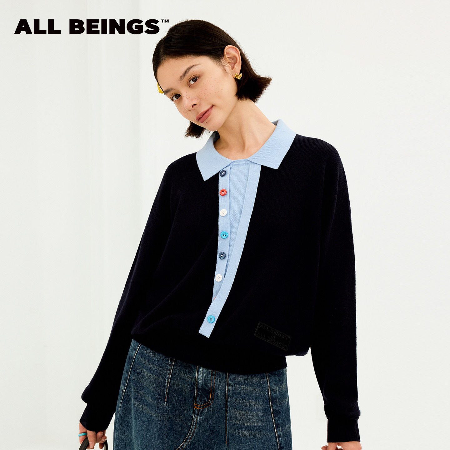 ALL BEINGS2026AW复古学院风撞色彩扣假两件叠穿羊毛混纺针织衫女