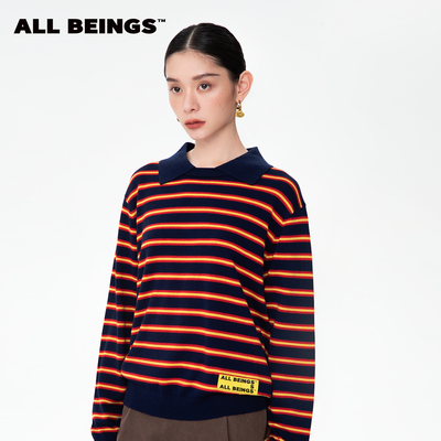 ALL BEINGS2025AW秋季新款撞色细条纹翻领长袖羊毛针织衫上衣女