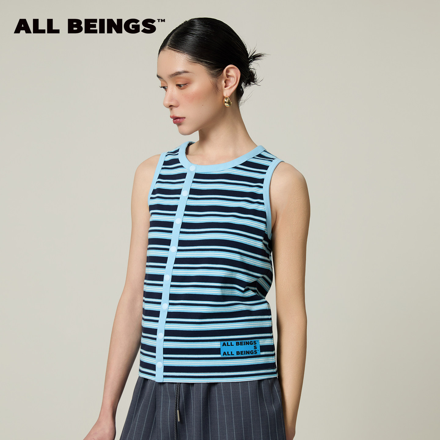ALL BEINGS2026SS夏季新款斜门襟按扣条纹针织内穿外搭背心
