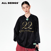 ALL 新款 BEINGS25AW复古休闲运动风黑色刺绣V领长袖 T恤上衣女秋季