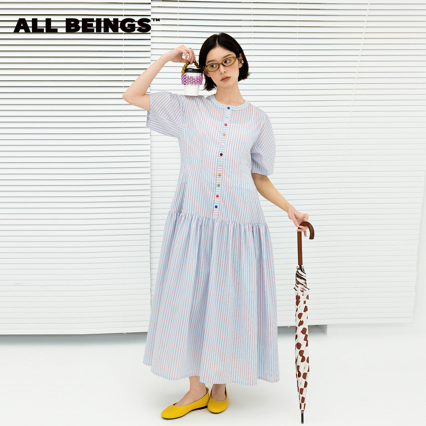 ALL BEINGS26SS夏季新款天丝蓝白细条纹彩扣衬衫收腰直身连衣裙