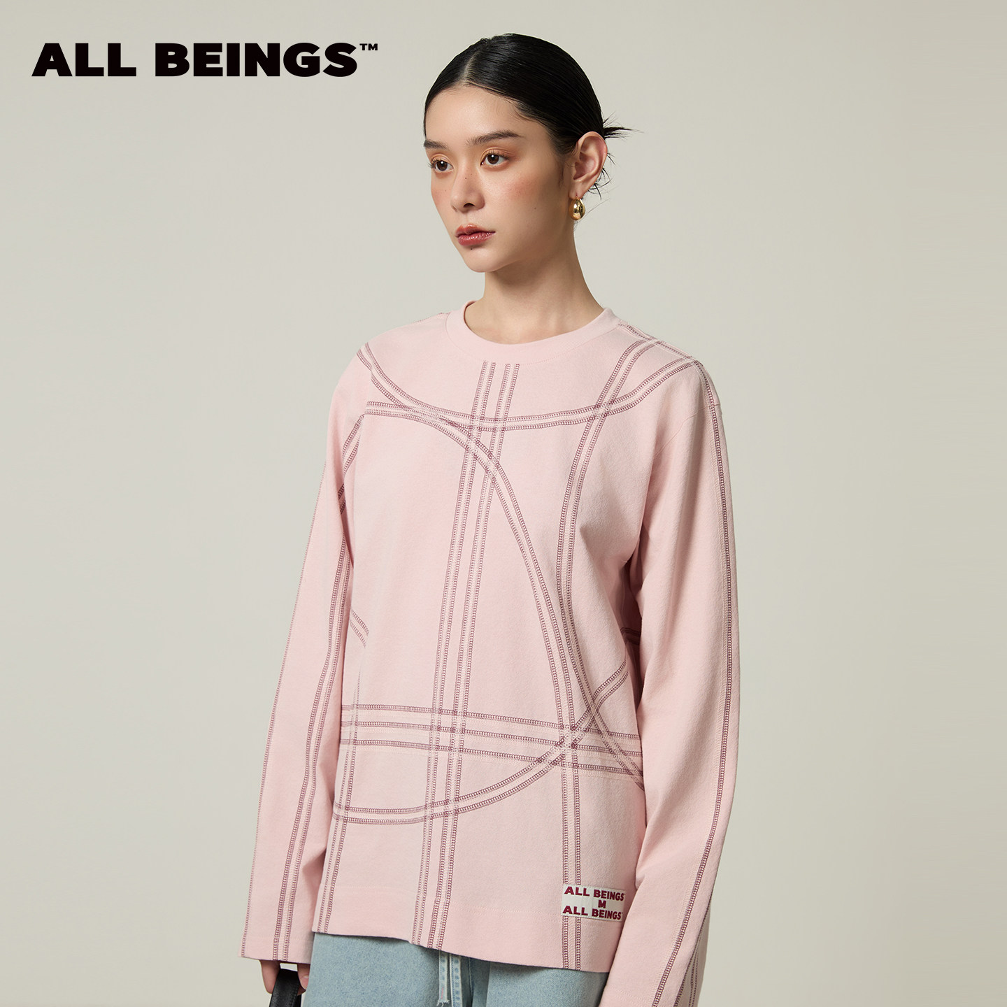 ALL BEINGS 26SS春夏新款粉色装饰哈苏线镂空露背设计感长袖T恤女