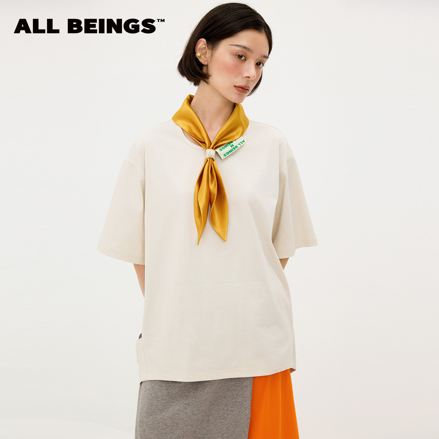 ALL BEINGS2026SS夏季新款醋酸领巾拼接米白色结构圆领短袖T恤
