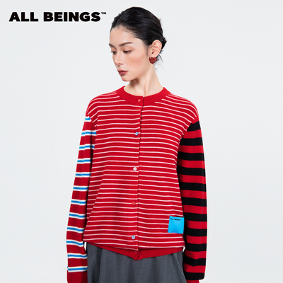 ALL BEINGS2025AW新品设计感秋冬红米条纹鸳鸯袖圆领针织开衫女