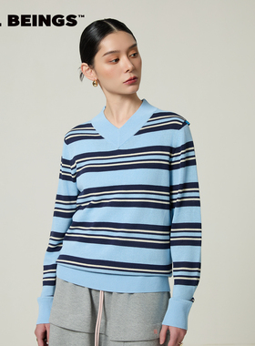 ALL BEINGS2026SS春季新品设计感休闲 蓝色条纹V领长袖针织衫
