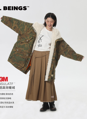 ALL BEINGS24AW猎鸭迷彩仿滩羊毛新雪丽男女派克大衣加厚保暖秋冬