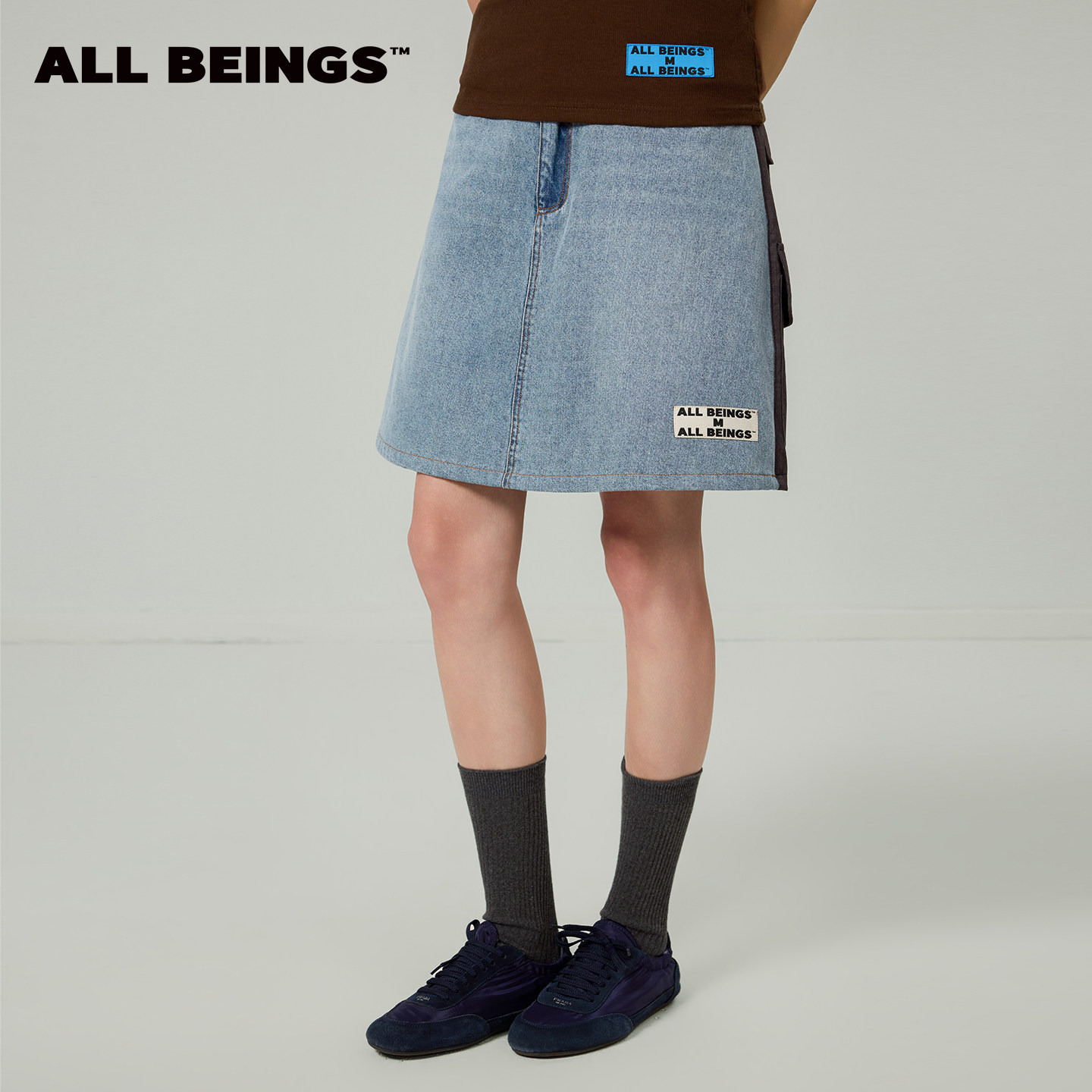 ALL BEINGS2026SS夏季新款牛仔拼接精纺羊毛五分多袋短裙裤女