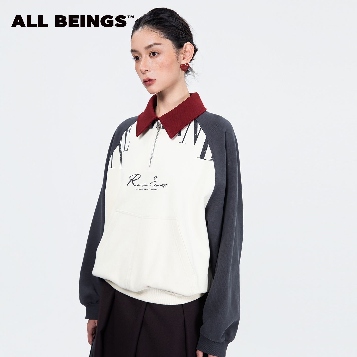 ALL BEINGS2025AW秋季新品拼色印花半拉链polo翻领卫衣外套女