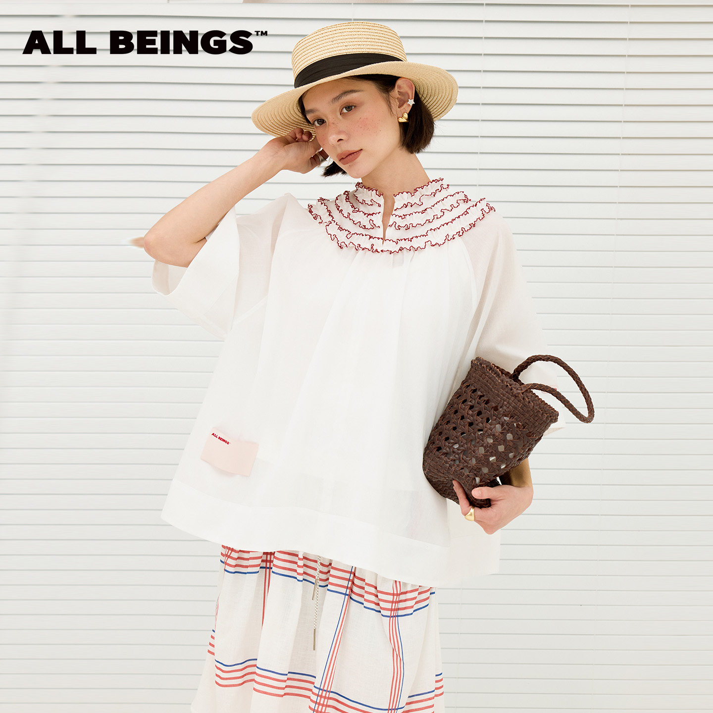 ALL BEINGS2026SS夏季新款撞色花边装饰天丝大廓形宽松短袖衬衫