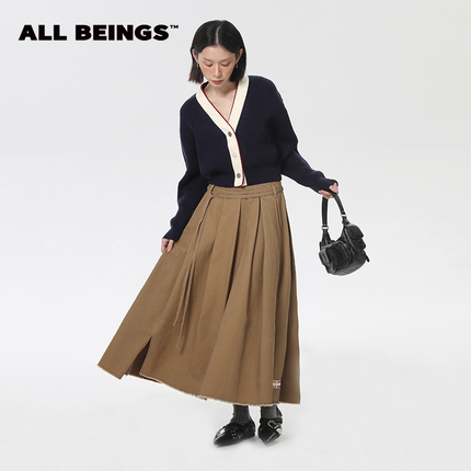 ALL BEINGS24AW新款不对称高级感毛边洗水磨毛百褶长裙秋冬半身女