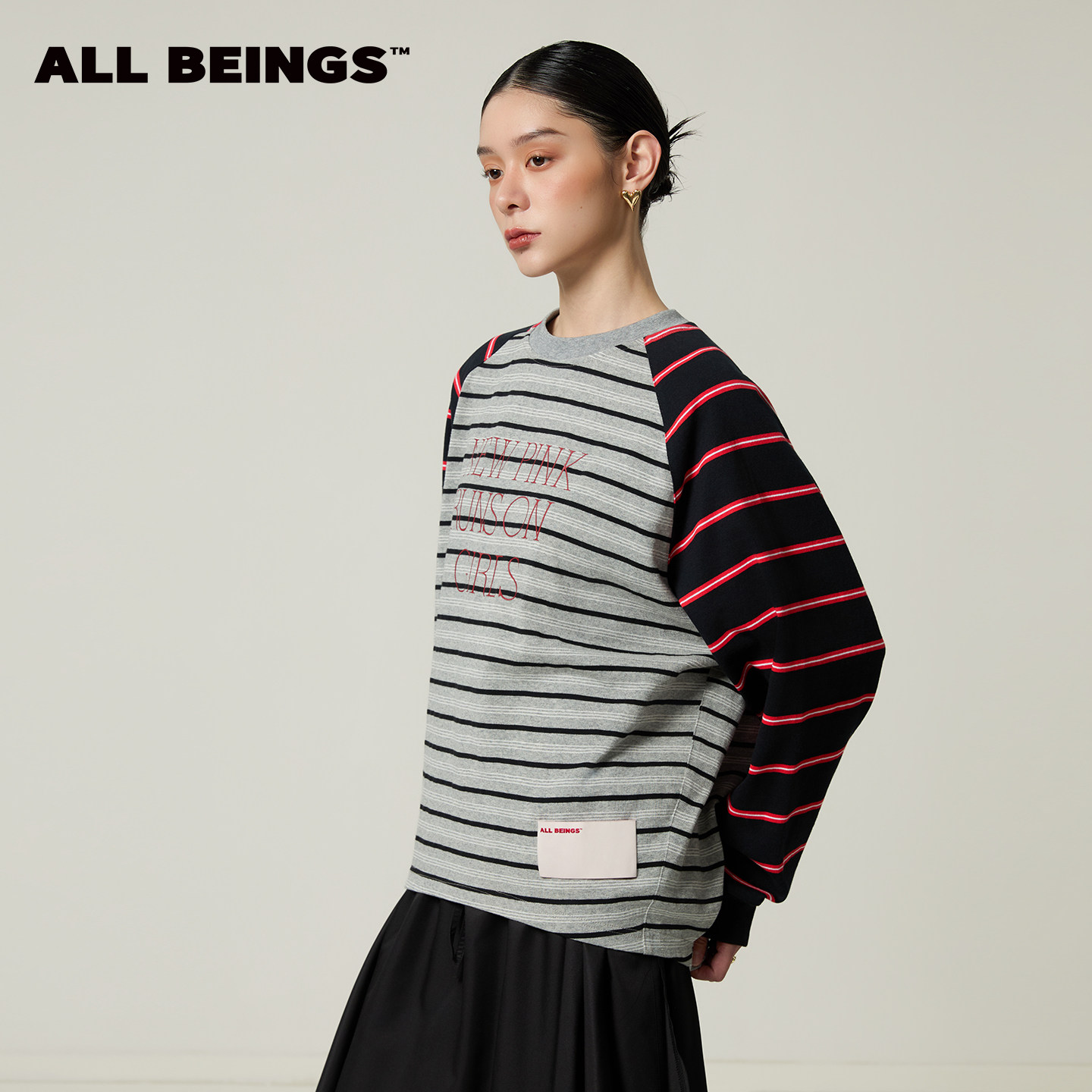 [何蓝逗同款]ALL BEINGS26SS春夏款解构门襟条纹拼色印花长袖T恤