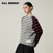BEINGS2026SS春季 新品 设计感 ALL 解构门襟条纹拼色印花长袖 T恤