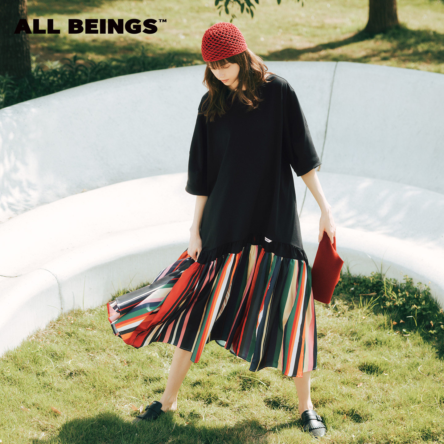 ALL BEINGS26SS夏季新款松弛感T恤式撞色条纹醋酸抽褶拼接连衣裙