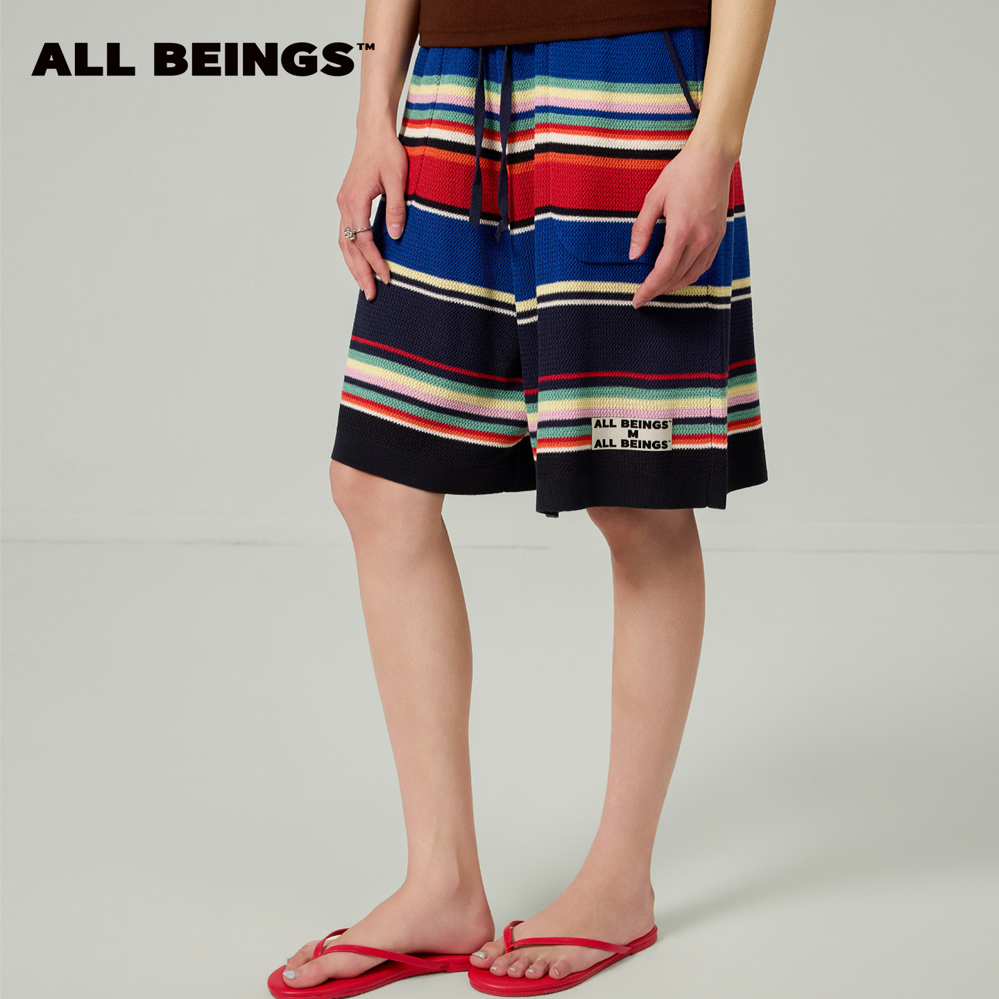 ALL BEINGS2026SS夏季新款宽松度假风彩色条纹针五分针织短裤女