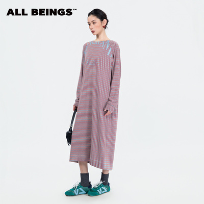 ALL BEINGS2025AW秋季新品红灰撞色条纹插肩印花T恤长袖连衣裙女
