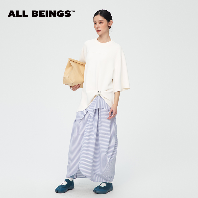 ALL BEINGS25SS夏季新品空气棉蓝条拼接假两件解构套头T恤连衣裙