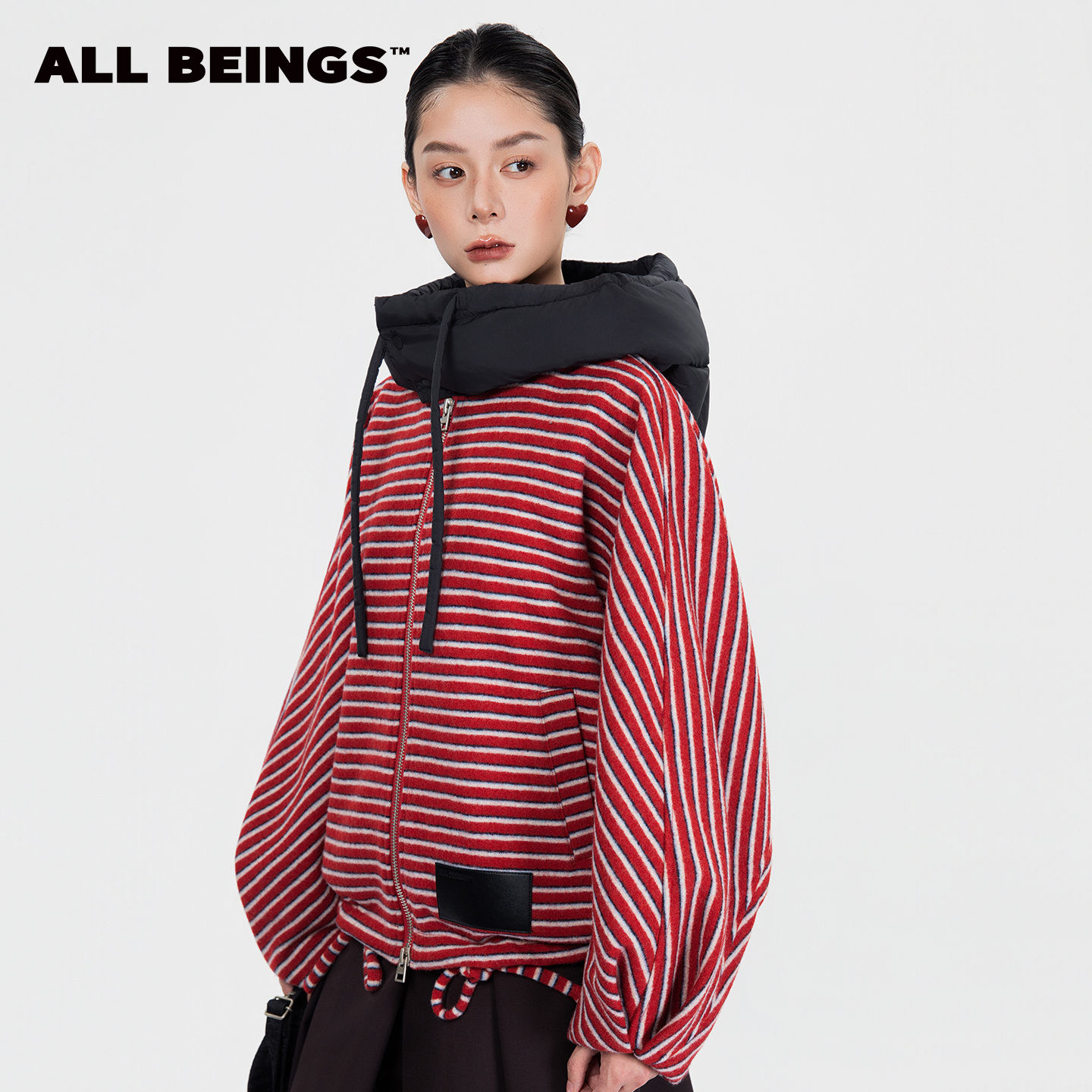ALL BEINGS2025AW秋冬新品红色条纹羊毛呢篼帽宽松廓形外套女