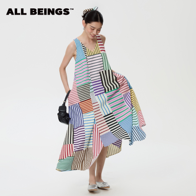 ALL BEINGS25SS夏季度假风拼色条纹百家布空气感碎花吊带连衣裙
