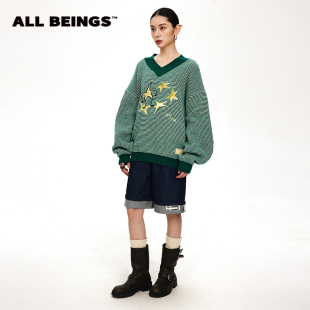 套头衫 绿白混色刺绣羊毛V领针织衫 上衣女 BEINGS25SS设计师款 ALL