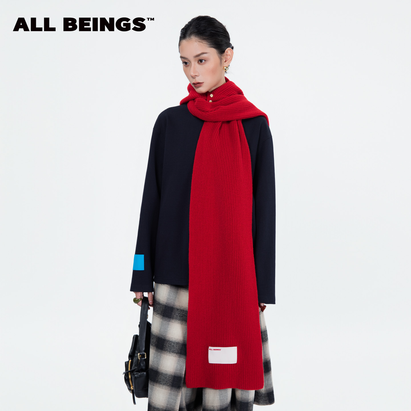 ALL BEINGS 2025AW秋冬新品红色羊毛针织围巾一体连帽保暖围脖女