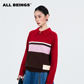 ALL BEINGS2025AW秋冬新款 半拉链翻领拼色羊毛条纹针织套头毛衣