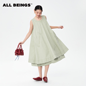 刘恋同款 ALL BEINGS25AW豆绿A摆工装 大口袋无袖 吊带连衣裙女