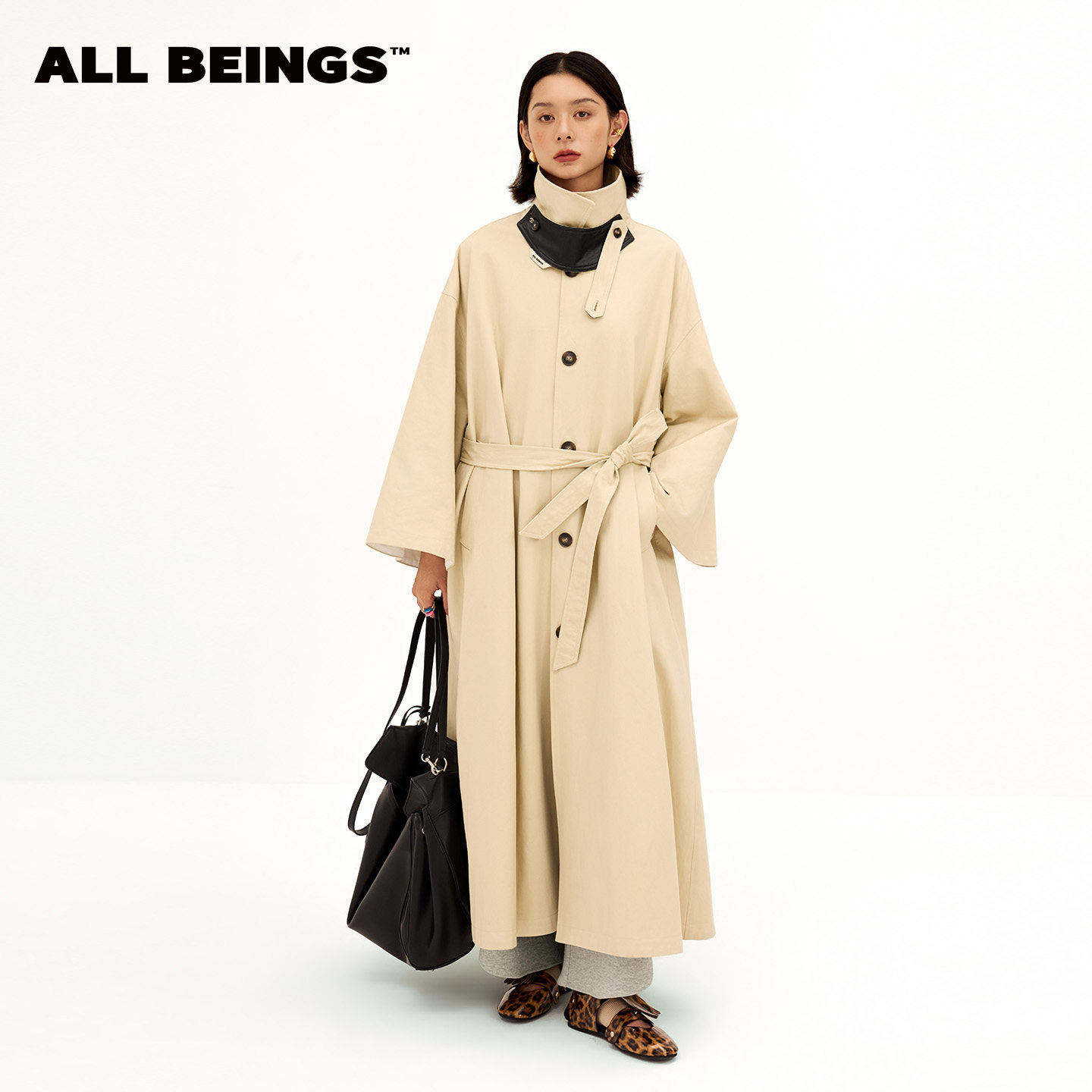 ALL BEINGS26AW秋季松弛感长款复古立领束腰喇叭袖廓形风衣外套