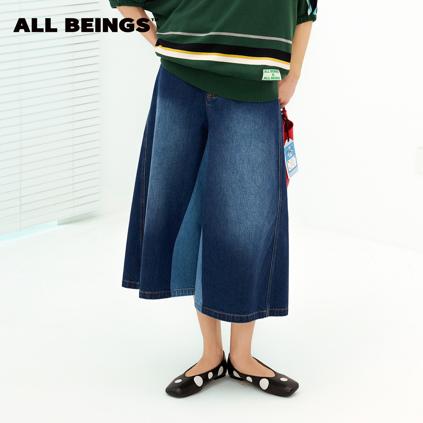 ALL BEINGS26AW早秋新款复古拼接双色洗水牛仔宽松廓形百慕大中裤