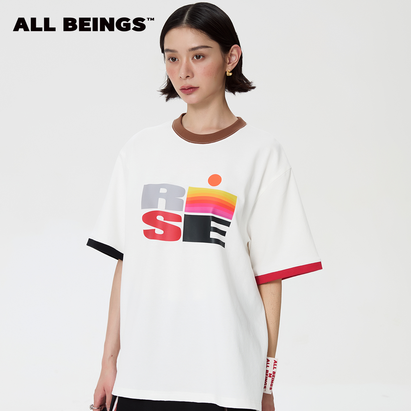 ALL BEINGS25SS夏季新款设计感字母印花撞色圆领短袖宽松T恤女