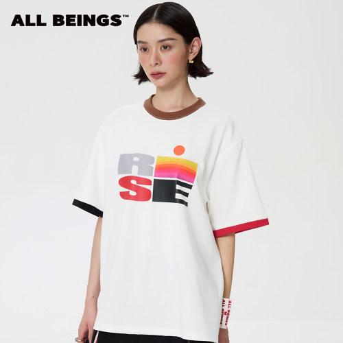 ALL BEINGS25SS夏季新款设计感字母印花撞色圆领短袖宽松T恤女
