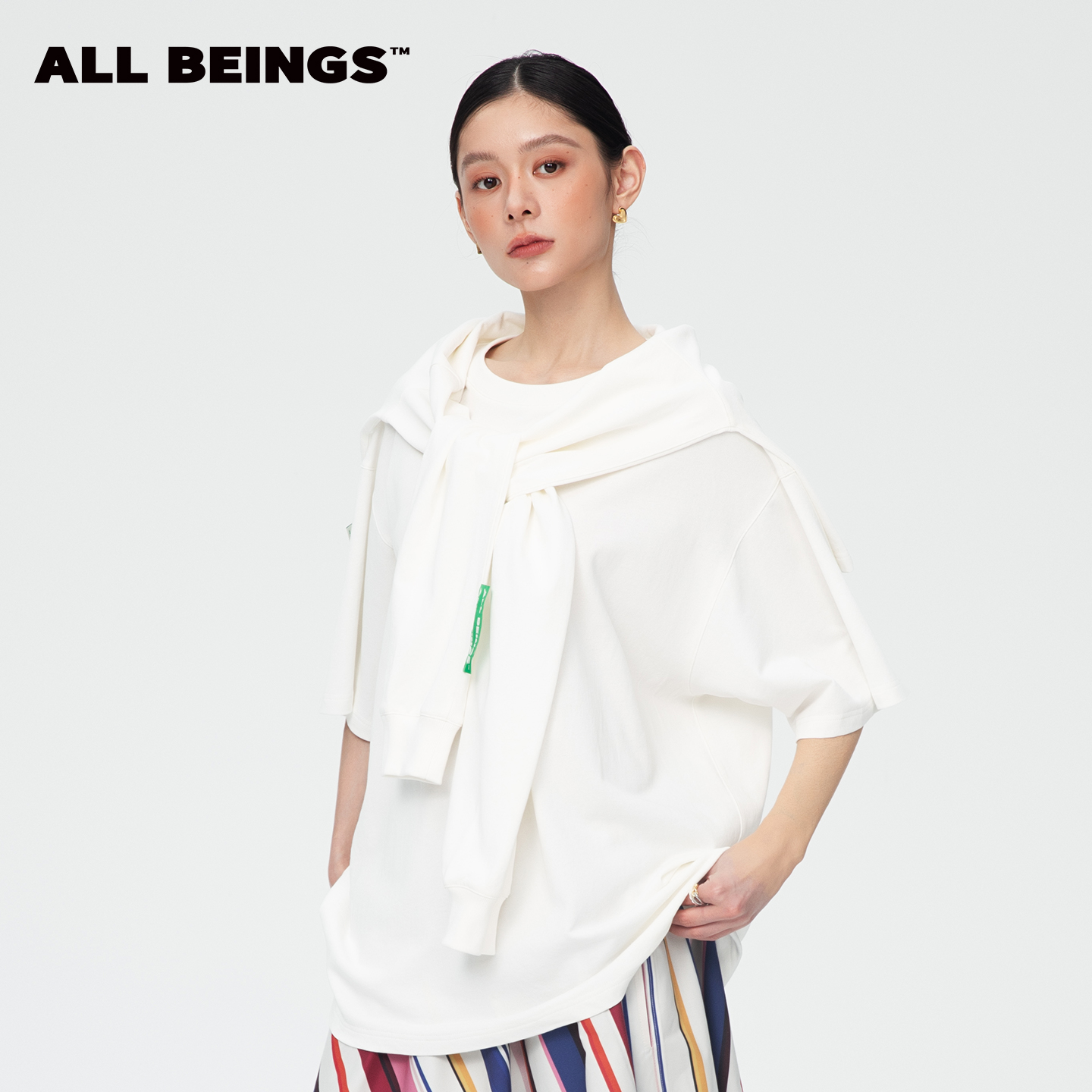 ALL BEINGS早春设计师新品米白色搭片式拼接假两件廓形休闲T恤女
