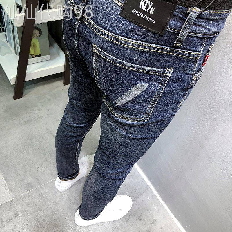 港风潮男小脚精品牛仔裤新韩版修身深蓝刺绣青年百搭弹力长裤薄jz