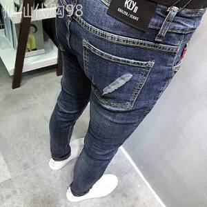 港风潮男小脚精品牛仔裤新韩版修身深蓝刺绣青年百搭弹力长裤薄jz
