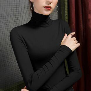 法式堆堆领内搭T恤上衣女士2025春秋新款韩版时尚纯棉高领打底衫