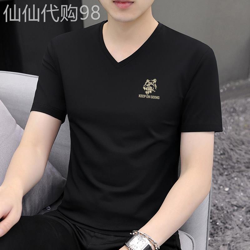 v领短袖t恤男2025夏季薄款清凉透气半袖汗衫虎头印花修身凉感上衣