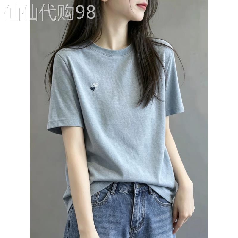 蓝色纯棉短袖T恤女2026夏季新款韩系简约刺绣宽松大码圆领上衣ins