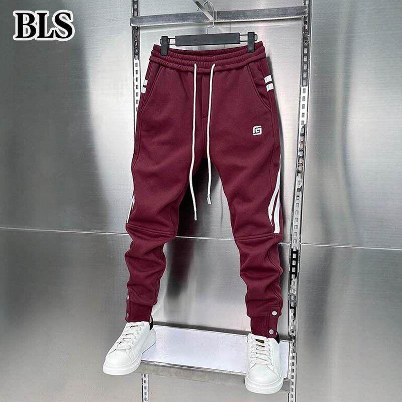 高端加绒休闲裤男款秋冬2025新款拼接织带小脚卫裤男士修身束脚裤