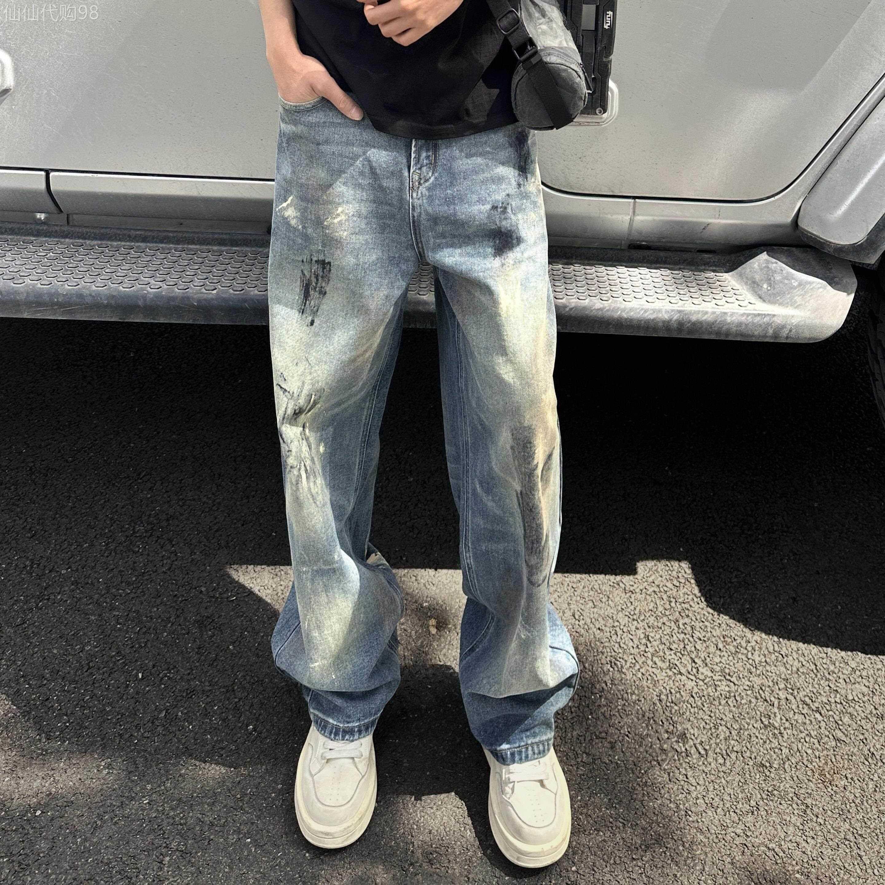 出口美国⭐Chrisma Katch~牛仔裤男款春夏潮流扎染阔腿脏脏裤直筒