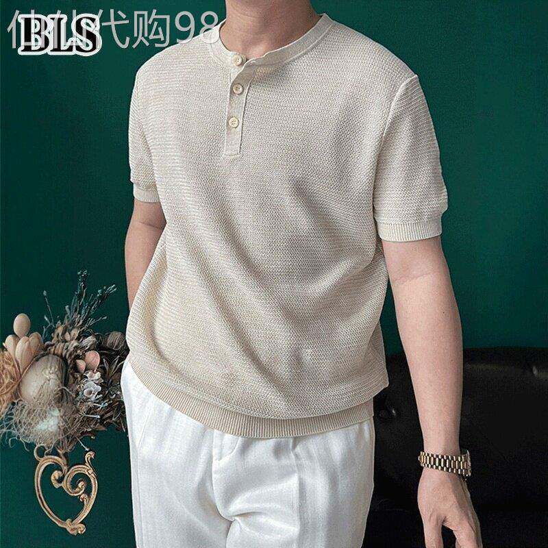 高端天丝亚麻短袖T恤男士夏季2026新款透气针织老钱风男款亨利衫