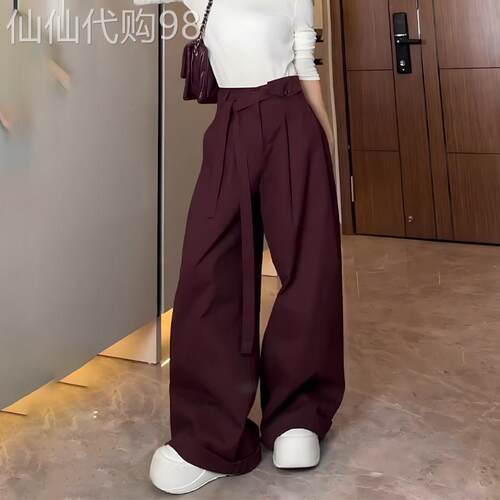 安哥拉红休闲裤女春季2026流行新款绑带设计感小众时尚大尺码宽裤