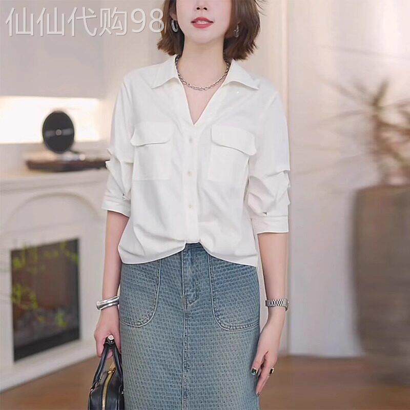 白色衬衫女2026新款秋季法式薄款Polo领设计感小众七分袖开衫上衣