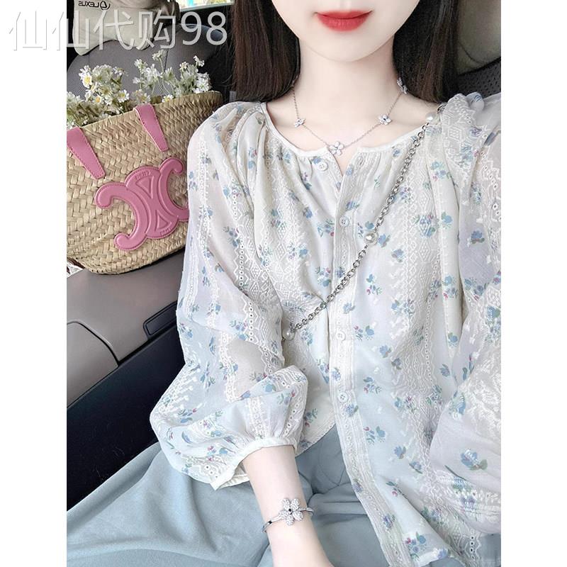碎花雪纺衫女夏季薄款2025新款文艺复古蕾丝小衫宽松泡泡袖上衣女