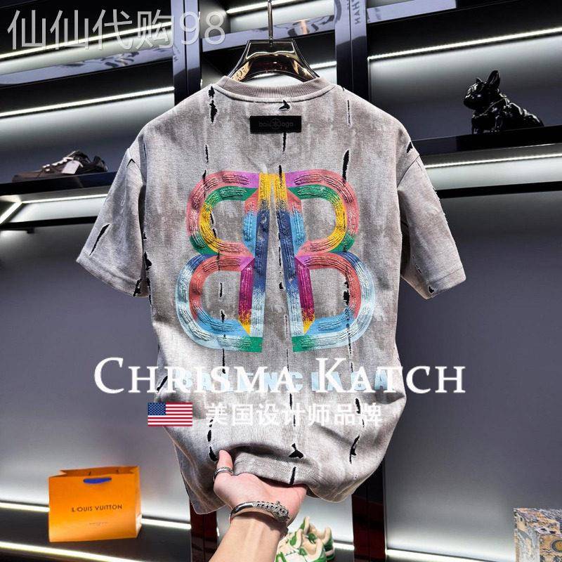 出口美国Chrisma Katch~高端时尚胶印破洞短袖t恤新款男士半袖