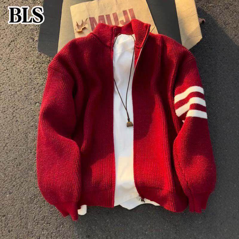 高端红色三条杠毛衣开衫男秋冬2025新款本命年休闲针织衫男士外套