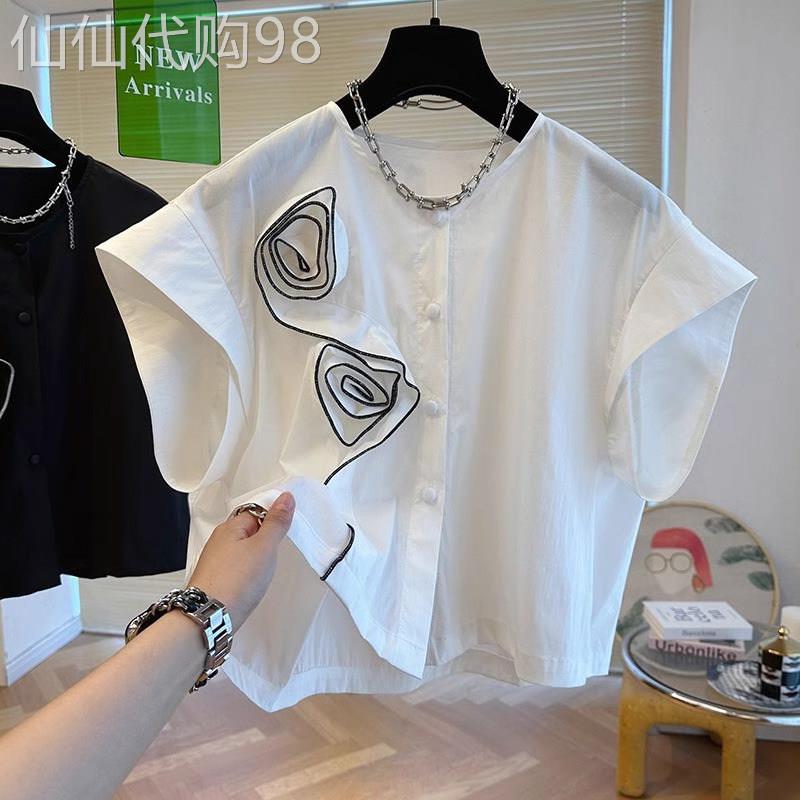 白色衬衫女士短袖夏季薄款2026新款设计感小众短款蝙蝠袖衬衫上衣