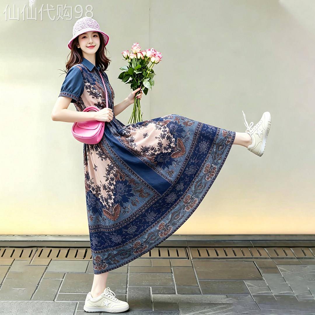 气质蓝色提花连衣裙女2026夏季新款小个子高级感独特巨好看长裙子