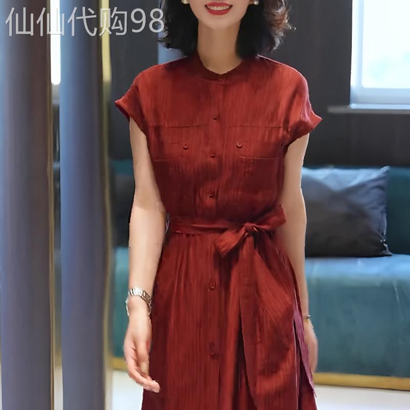 简约优雅轻熟红色短袖洋装女2026年夏季新款显白圆领遮肉裙子