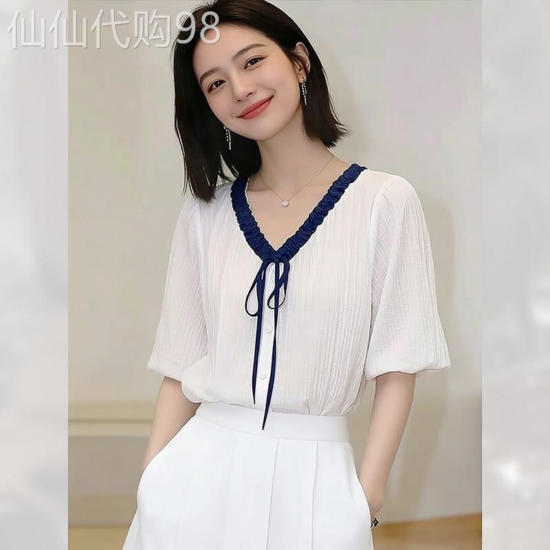 轻奢时尚文艺V领雪纺上衣女夏季2026年新款漂亮显瘦短袖衬衫绝美