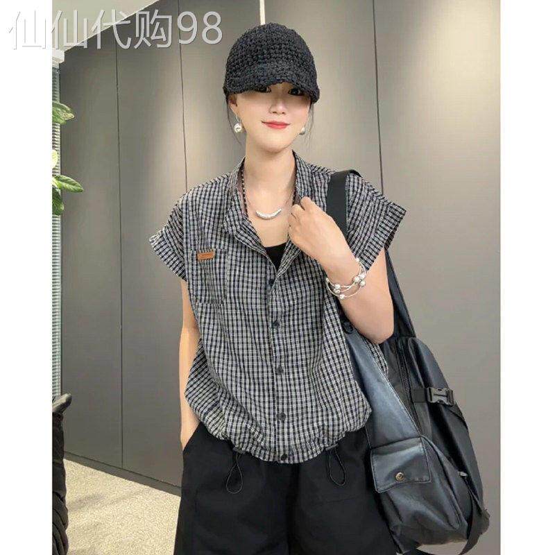 2026年休闲夏季百搭时尚显瘦简约格子棉衬衫飞机袖T恤薄上衣女潮